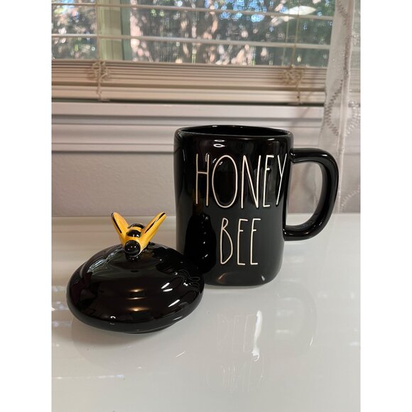 Rae Dunn "Honey Bee" Mug With Lid - Black & Yellow Ceramic - Cute 5" Tall Coffee - Picture 2 of 11